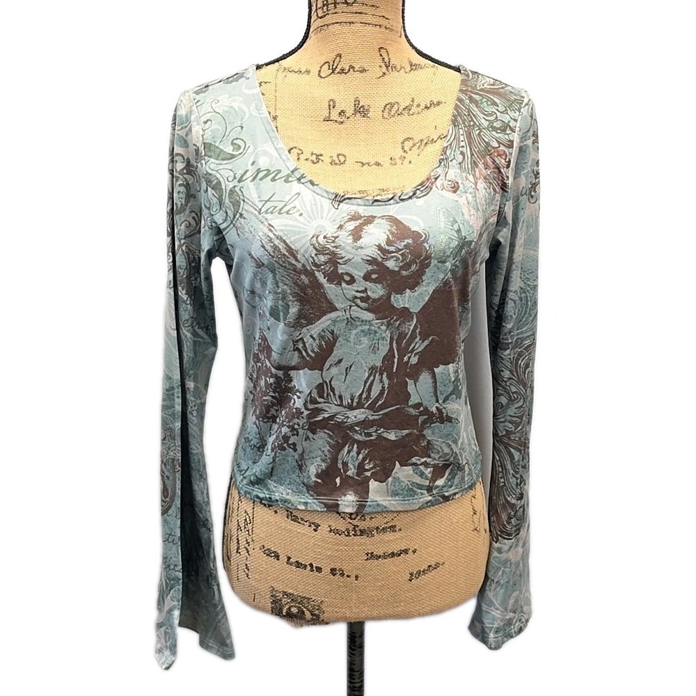 Y2K Sweet Society Angel Graphic Long Bell Sleeve Top Fairy Grunge Whimsy sz L